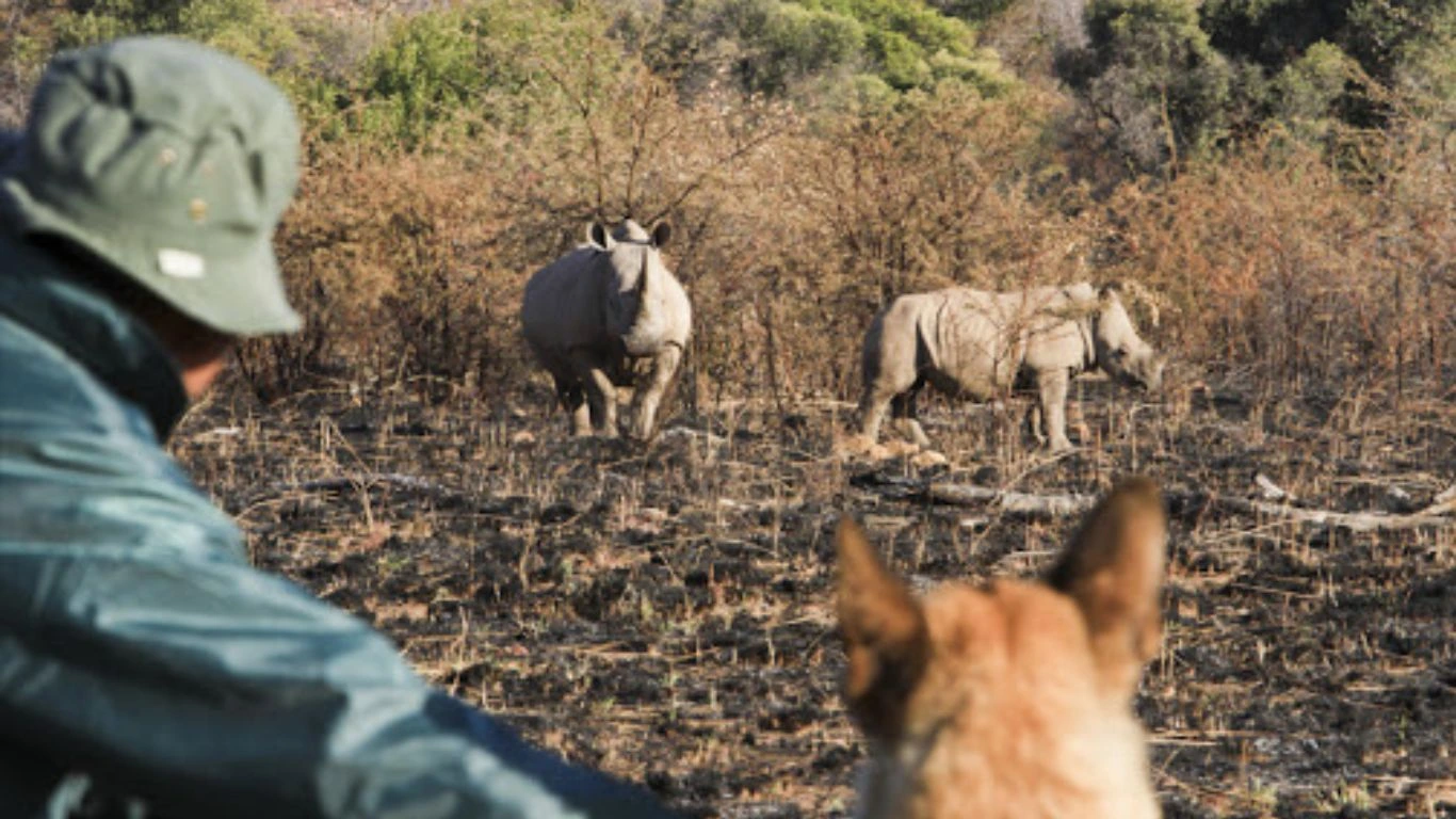 Ranger and dog watching over rhinos.